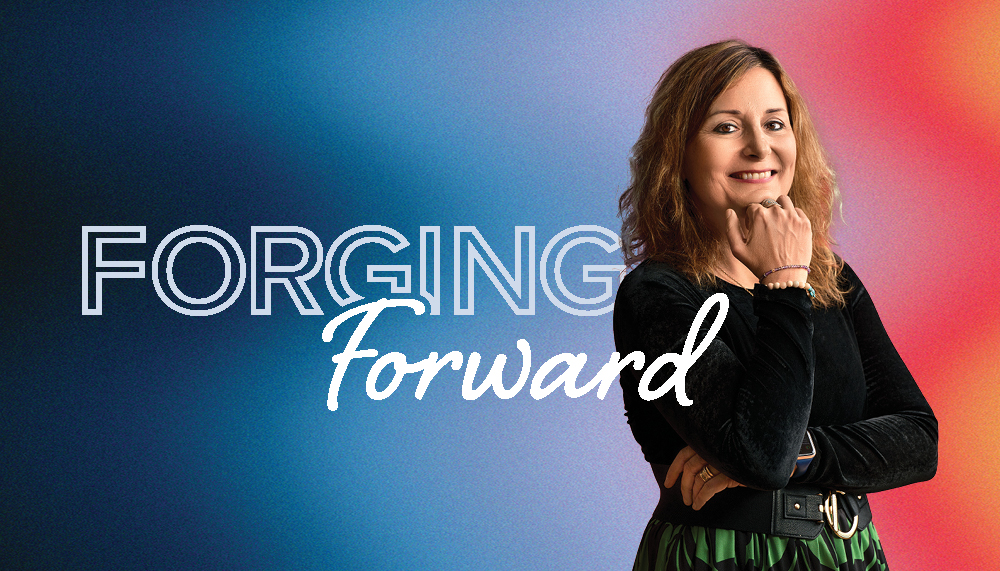 woman in black dress against vibrant background and the words forging forward woman in black dress against vibrant background and the words forging forward
