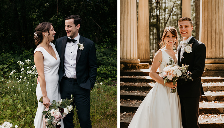 two separate wedding photos, both outdoors two separate wedding photos, both outdoors