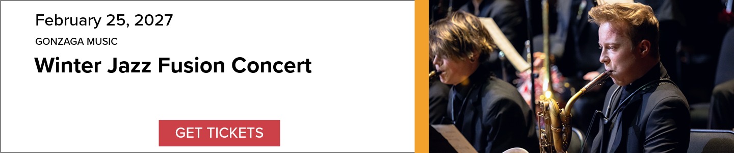 Event Banner: Gonzaga Music Winter Jazz Fusion Concert, February 25, 2027, Includes an image of saxophone players and a 