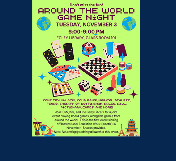 Flier for Around the World Game Night game boards pictured