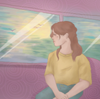 cartoon girl looking out the bus window
