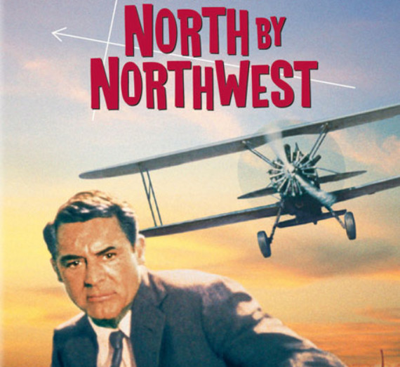 Cary Grant running with a plane flying low behind him and the movie title North by Northwest in red at the top.