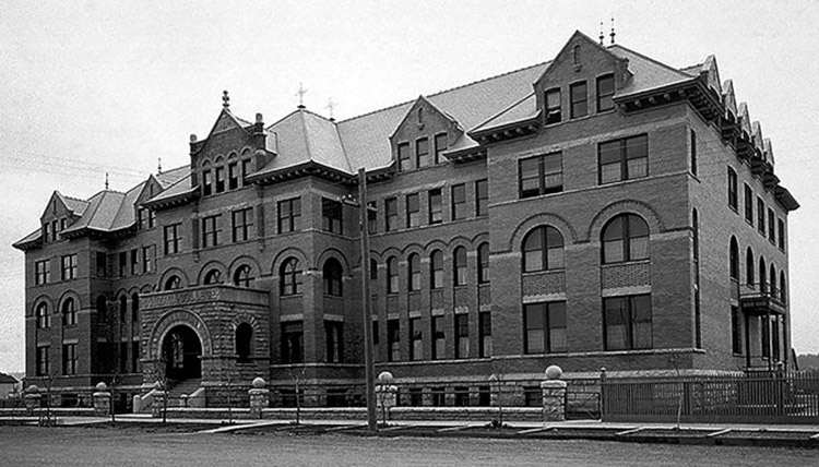 Black and white photo of the historic Gonzaga University Administration Building, also known as College Hall, circa 1898.
