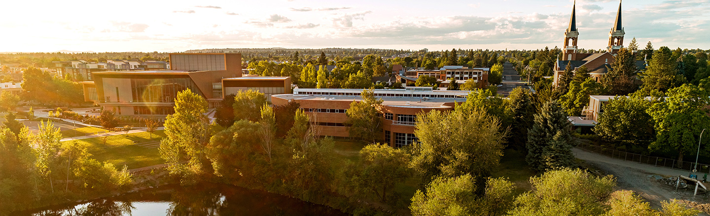 An aerial photo of Gonzaga's campus featuring the Myrtle Woldson Performing Arts Center and St. Aloysius Catholic Church.