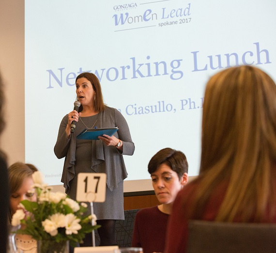 Ann Ciasullo leads a networking lunch during the first Women Lead Spokane conference on March 15 in the Hemmingson Center.