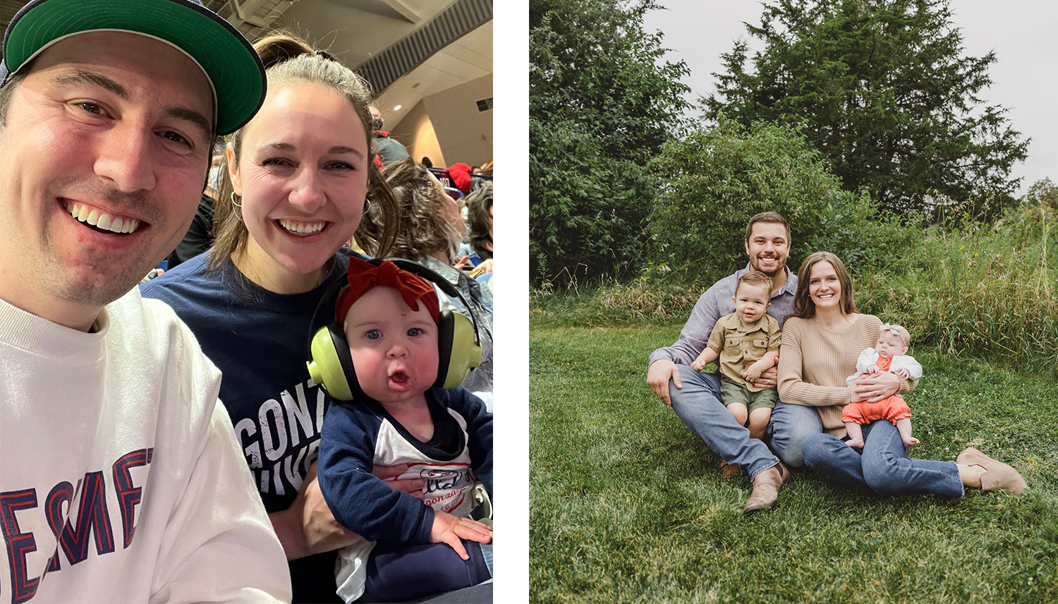 A baby with its parents at a Zags game A baby with its parents at a Zags game