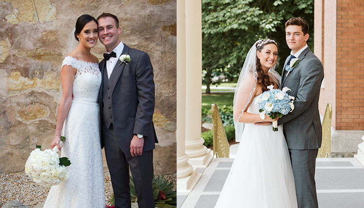 two separate wedding photos, both outdoors two separate wedding photos, both outdoors