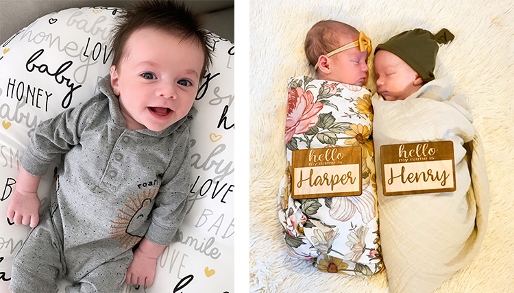 two photos of babies; one individual, one set of twins two photos of babies; one individual, one set of twins