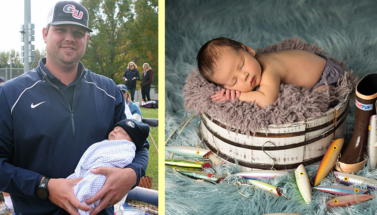 man holding baby and baby in a fishing bucket with props man holding baby and baby in a fishing bucket with props