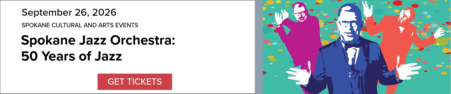 Event Banner: Spokane Cultural and Arts Events: Spokane Jazz Orchestra: 50 Years of Jazz, September 26, 2026. Includes decorative image and a 