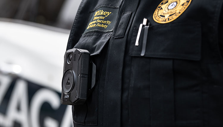 A Gonzaga University CSPS officer demonstrates the body camera that will be piloted during the 2022-23 Academic Year. A Gonzaga University CSPS officer demonstrates the body camera that will be piloted during the 2022-23 Academic Year.
