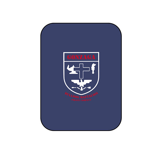 Dark blue rectangular background with rounded corners featuring a central shield emblem. The top of the shield displays the word 'GONZAGA' in red. Inside the shield are white silhouettes including a cross and an eagle. Below the shield, red text reads 'BULLDOG BATTALION' and 'PERSHING COMPANY'.