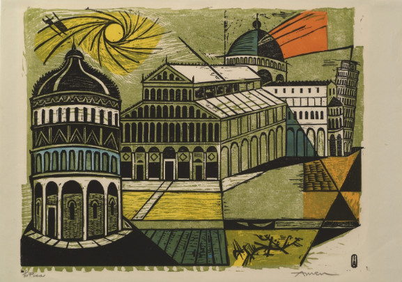 Irving Amen (American, 1918–2011) Pisa, 1958 Woodcut on paper