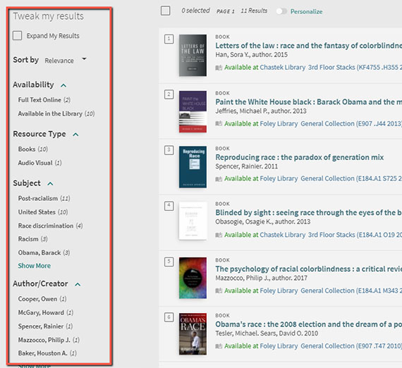 Library search results with filters on the left highlighted in red Library search results with filters on the left highlighted in red