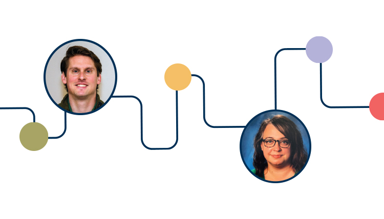 graphic pathway with photos of 2 individuals graphic pathway with photos of 2 individuals
