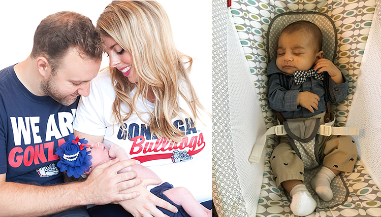 two separate photos, one of parents with baby, one of baby alone two separate photos, one of parents with baby, one of baby alone