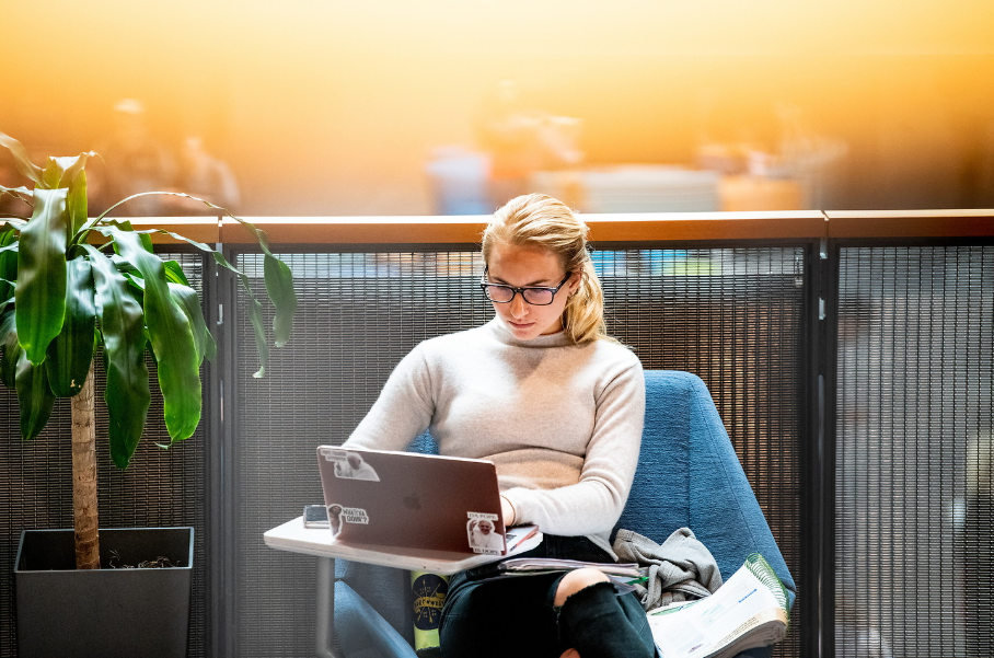 Student studying on laptop in a blue chair. Student studying on laptop in a blue chair.