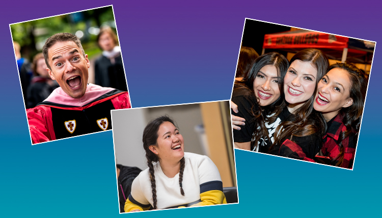 colorful background with three images of smiling people colorful background with three images of smiling people