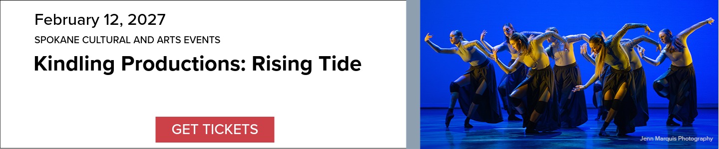 Myrtle Woldson Center Event Banner: Kindling Productions: Rising Tide, February 12, 2027. Includes an images of dancers moving in unison on a stage, and a 