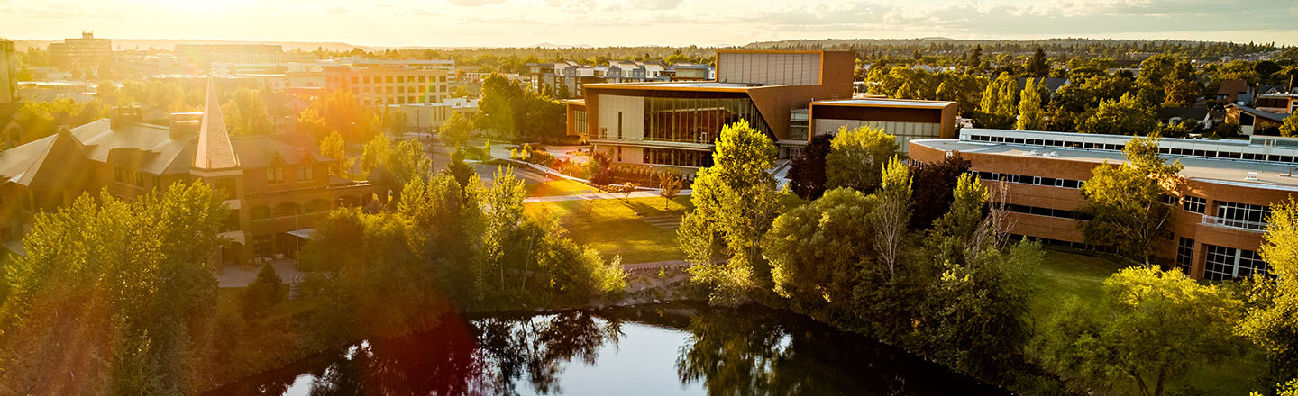 View from above looking down on lake arthur and the myrtle woldson performing arts center.