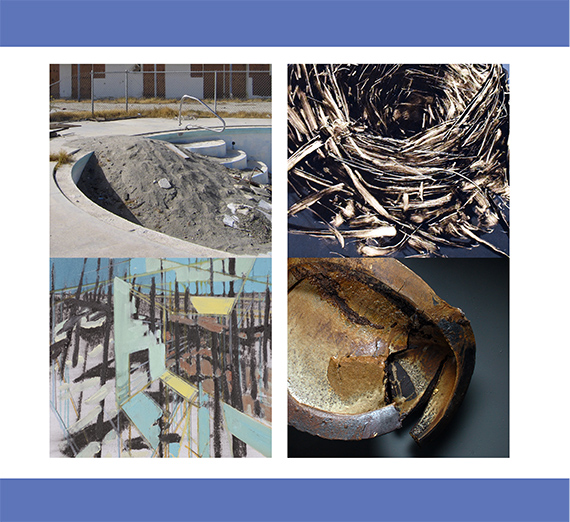 Four panel graphic showing samples of the art on exhibit.