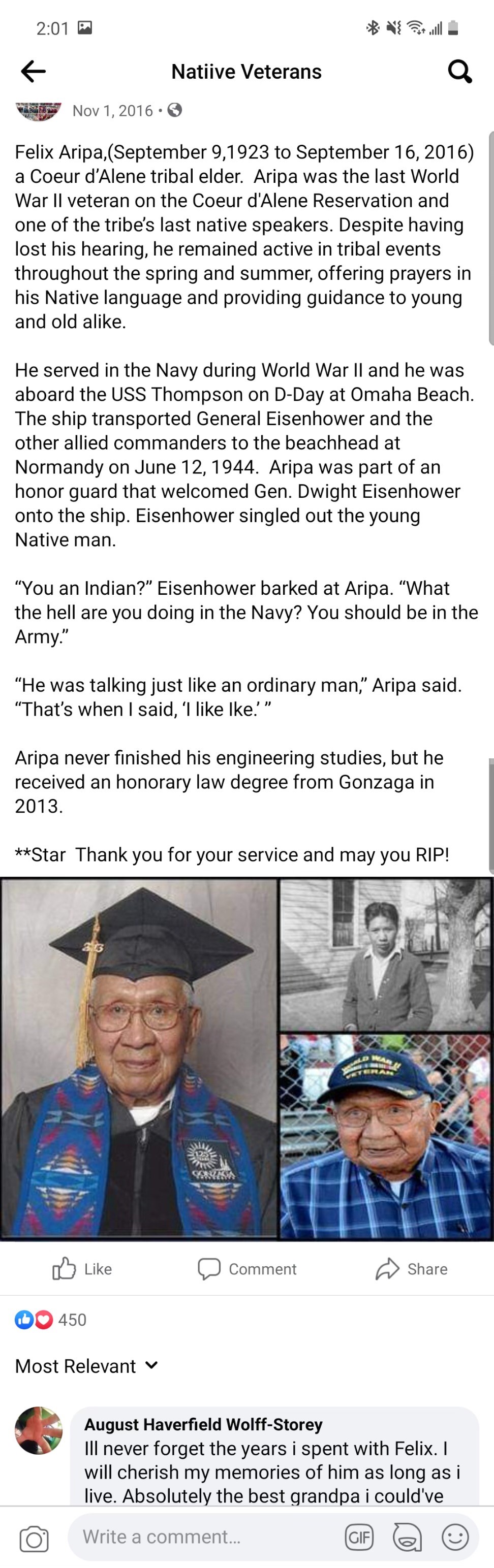 Felix Aripa honorary degree post on Facebook