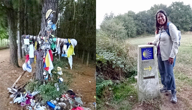 one image of a cross decorated with shoes and clothing, another of Connie Davis at a mile marker one image of a cross decorated with shoes and clothing, another of Connie Davis at a mile marker