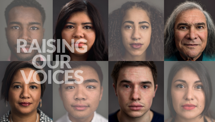 many faces of color Faces of various Gonzaga students, faculty and staff with the text 'Raising our Voices'