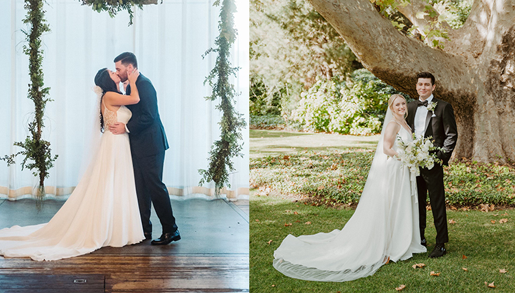 Wedding photos of left: ’17 Anna May and ’17 Drew Lombardi and right: ’17 Chandler McGuire and ’14 Alex Ramos. Wedding photos of left: ’17 Anna May and ’17 Drew Lombardi and right: ’17 Chandler McGuire and ’14 Alex Ramos.