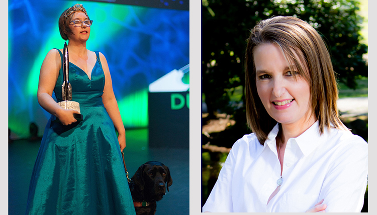 separate pics of two young women, one with a service dog separate pics of two young women, one with a service dog
