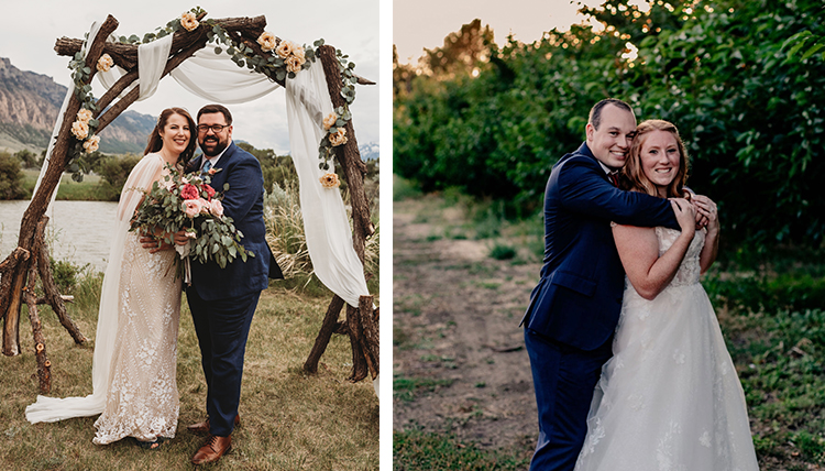 two separate wedding images, both show couples outside two separate wedding images, both show couples outside