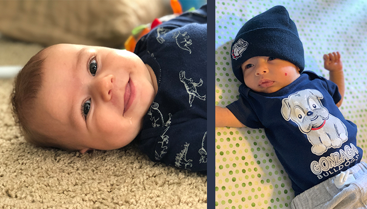 baby boy smiling next to baby boy in Zag wear baby boy smiling next to baby boy in Zag wear