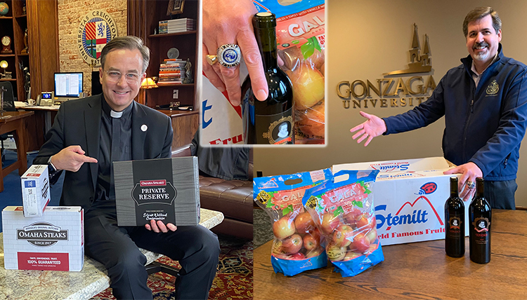 three separate images, 1 of president with steaks, 1 of president with wine and apples, 1 close up of final four ring three separate images, 1 of president with steaks, 1 of president with wine and apples, 1 close up of final four ring