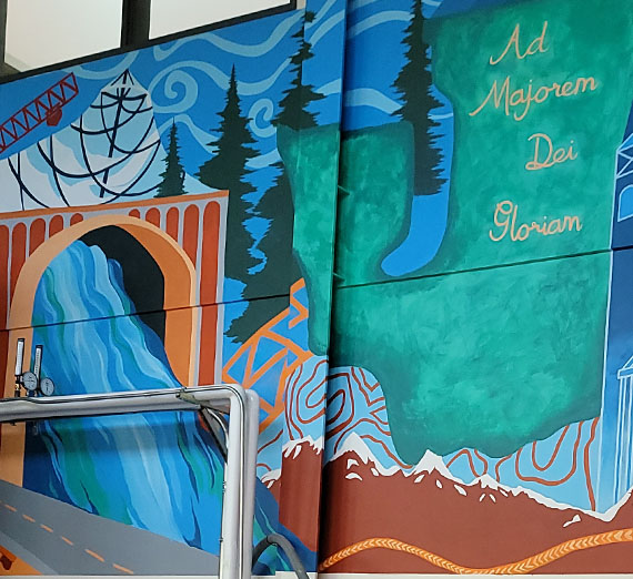 Detail of a mural showing illustrations of familiar Spokane landmarks