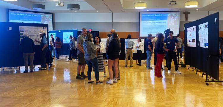Visitors to a research poster session in Hemmingson Ballroom