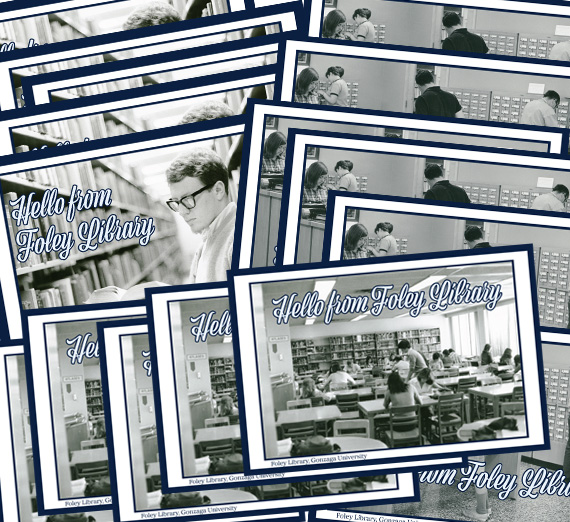 Stacks of postcards featuring black and white library photos