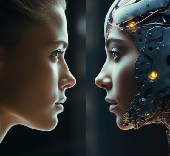 two faces looking at each other, one with AI modifications two faces looking at each other, one with AI modifications