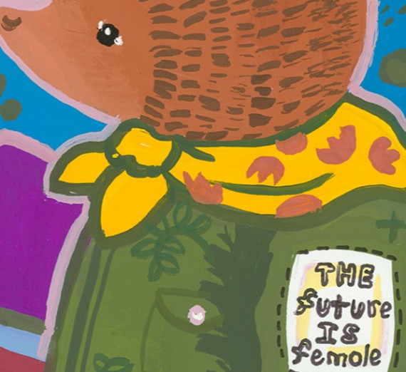 Painting of a bear wearing a hat, scarf and coat with a patch on the sleeve that says 