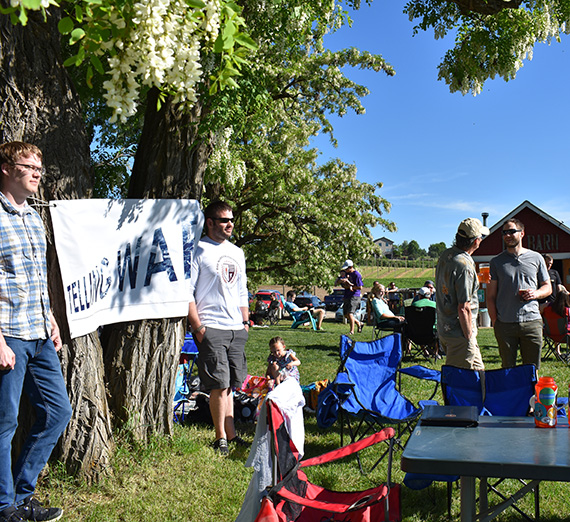 Telling war banner hangs from a outdoor venue. Telling war banner hangs from a outdoor venue.
