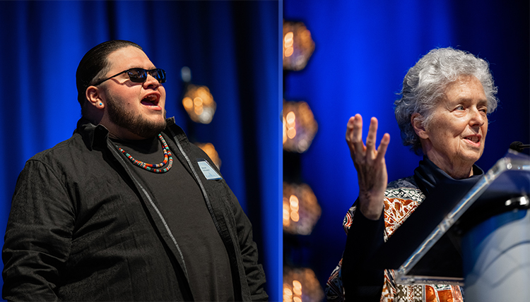 a native man singing and an elderly woman speaking a native man singing and an elderly woman speaking