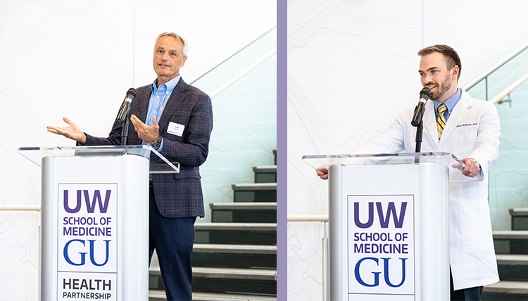 two separate images of men at a podium on stairs against a white wall two separate images of men at a podium on stairs against a white wall