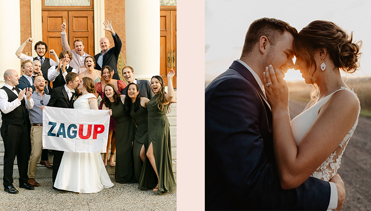 Wedding photos of left: ’19 Anna Ogilvie and ’19 Andrew Christianson and right: ’19 Brianna Higashihara and ’19 Zach Fobar. Wedding photos of left: ’19 Anna Ogilvie and ’19 Andrew Christianson and right: ’19 Brianna Higashihara and ’19 Zach Fobar.