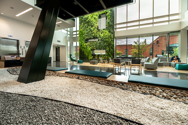 The first floor of the UW-GU Health Partnership Building with its lounge space and green wall with foliage. The first floor of the UW-GU Health Partnership Building with its lounge space and green wall with foliage.