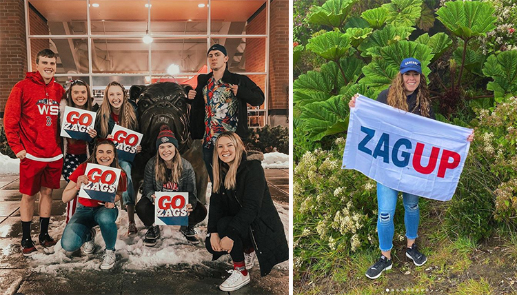 two separate photos; one group at the Bulldog statue, one student with Zap Up banner two separate photos; one group at the Bulldog statue, one student with Zap Up banner