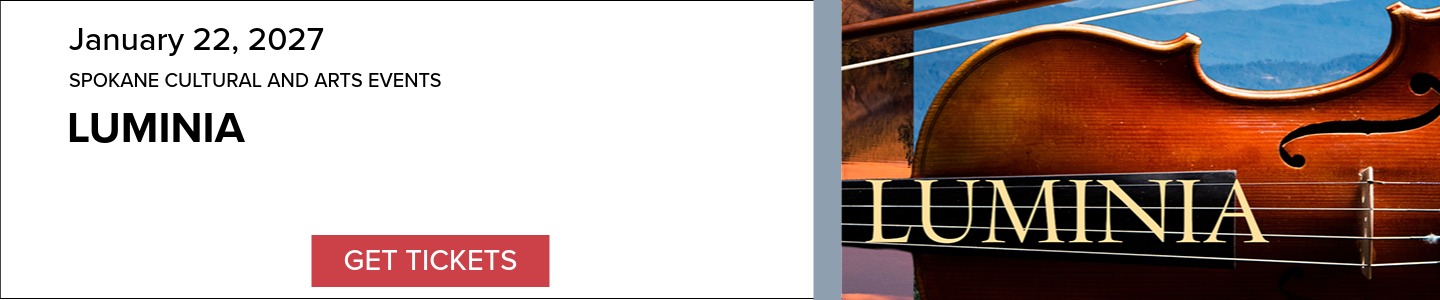 Myrtle Woldson Center Event Banner: Luminia, January 22, 2027. Includes an image of a violin with the word Luminia along the fingerboard, and a 