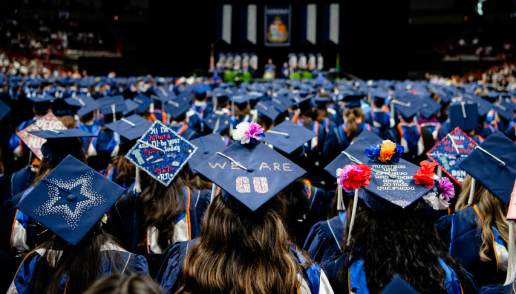 Gonzaga University Commencement 2026-a view of the students in their caps from behind. 