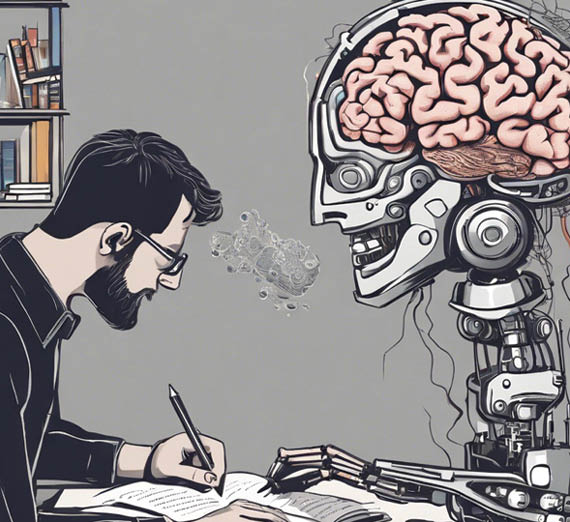 Illustration of a student writing while an AI robot with an exposed brain sits beside him. Illustration of a student writing while an AI robot with an exposed brain sits beside him.