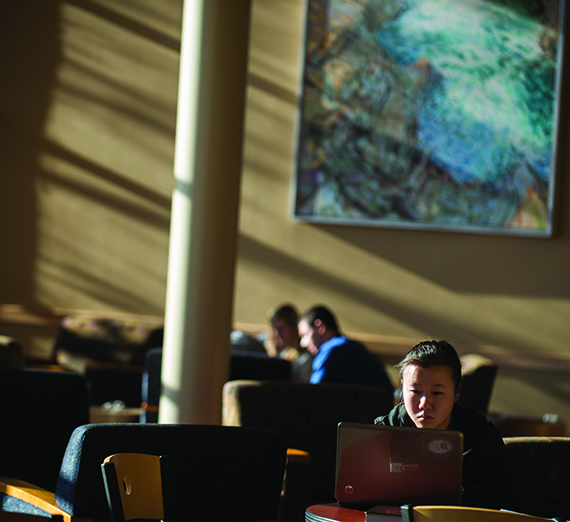 A student focuses on some homework on her computer. 