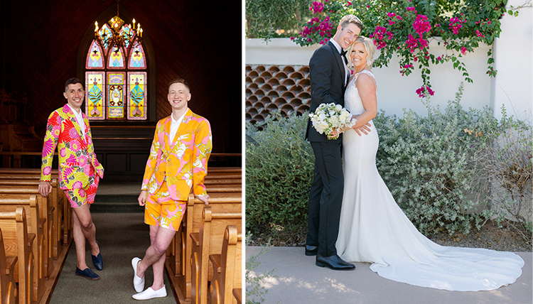 two wedding photos, one male couple in chapel, one couple outdoors two wedding photos, one male couple in chapel, one couple outdoors