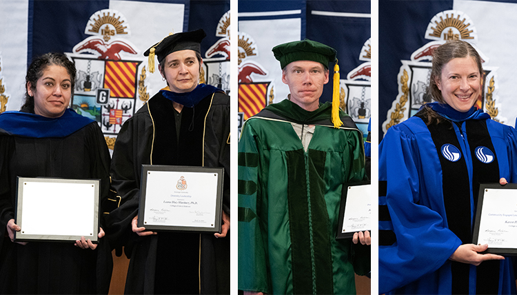 three separate photos of four faculty members with awards three separate photos of four faculty members with awards